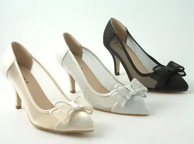 Satin Lace Wedding Ladies Bridal Prom Point Toe Kitten Heel Shoes Sizes  • £19.95