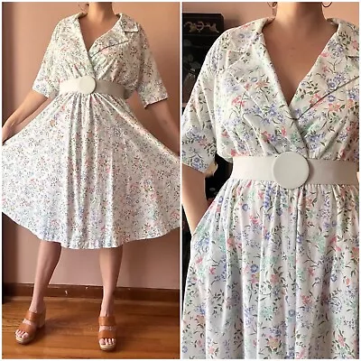 Vintage 80s Dress - Full Skirt Shirt Dress - Feminine Floral Cotton - Pastel • $36