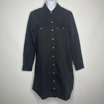 Levis Lil Bit Country Washed Black Denim Pearl Snap Western Shirt Dress Size S • £62.70