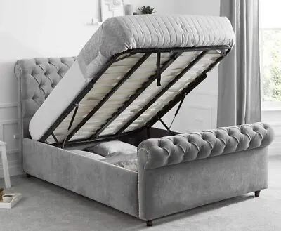 Sleigh Chesterfield Upholstered Plush Velvet Bed Frame  Ottoman Storage Option • £242.25