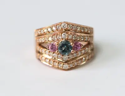 Santa Maria Aquamarine / Pink Sapphire / Diamond Ring • $1211