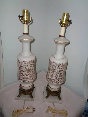 2 Vintage Double Light White Milk Glass Table Lamps Gold Scrolls  • $75