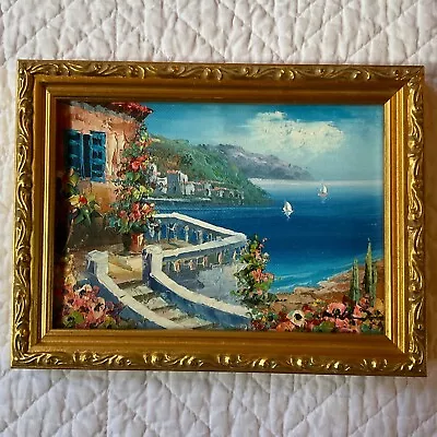VINTAGE 80s Seascape  Original Hand Painted Oil PAINTING Coast Line Italy Signed • $84