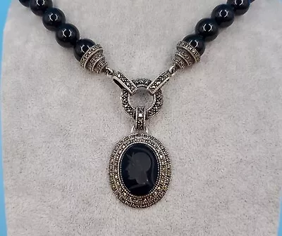 Vtg. Judith Jack Sterling Silver Marcasite Black Onyx Intaglio Soldier Necklace • $49.99