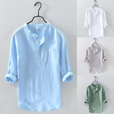 Mens V-Neck Top T Shirts Tee Casual Long Sleeve Cotton Linen Blouse Loose Henley • $20.67