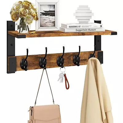 Rustic Wood Wall Hooks Shelf 17 Entryway Coat Rack With 5 Metal Hooks Brown • $28.18