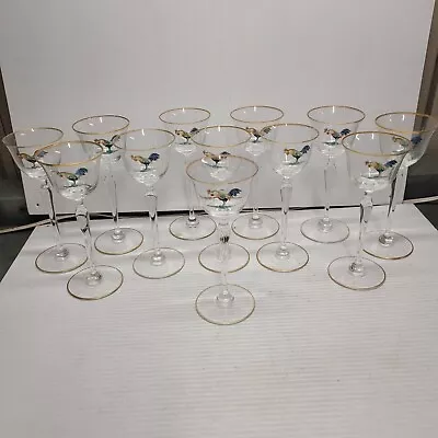 12 Vintage Deco Hand Painted  Rooster Cocktail Glasses Gold Trim • $38.99