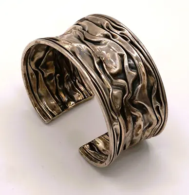 Unique Vintage Wavy Crinkled Wrinkled Concave Sterling Silver Wide Cuff 7  • $144.95