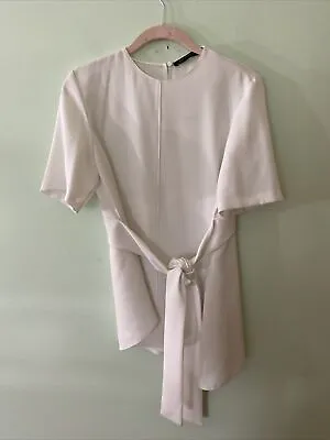 Zara Woman White Tie Waist Short Sleeve Tunic Blouse S • $14