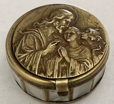 Antique 19th Century Grand Tour Souvenir Pill Box Brass Jesus & MOP Marked Roma • $39.99