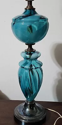 Beautiful Hand Blown Turquoise & White Swirled 3 Way Glass Lamp 30  With Harp. • $245