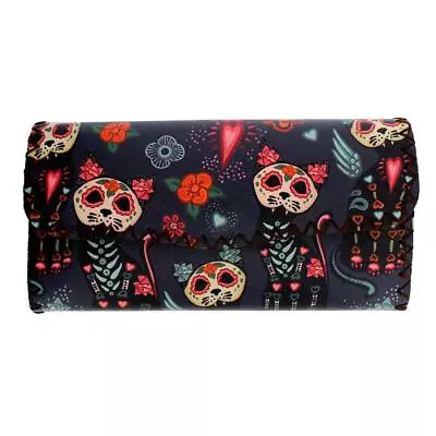 $27 • Buy Colorful Day Of The Dead Skull Cat Leatherette Wallet Clutch Coin Purse