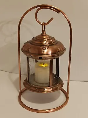 COPPER  Flameless Candle  French Country LANTERN Suspended From STAND - 15 Tall • $14.95