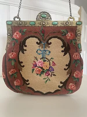ANTIQUE PURSE Petit Point Floral Design W/jewel Accents . Circa Early 1900's • $69