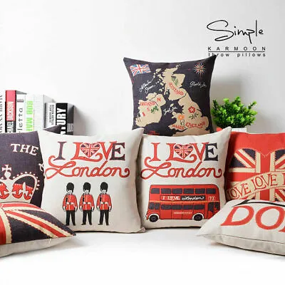 Pillow Case I LOVE UK London Bus Soldier Map Linen  Cotton Cushion Cover 2 SIZES • £5.27