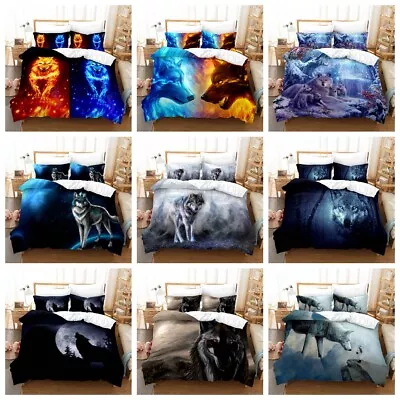 Fire Wolf Flames Howling Snow Wolves Grey Galaxy Doona Duvet Quilt Cover Bed Set • $28.95