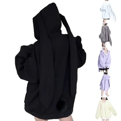 Zip Up Hoodie Jackets Women Cute Long Rabbit Ears Oversized Sweatshirt Cardigan • £23.48