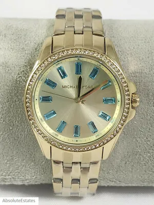 Michael Kors 36mm Pilot Baguette Crystal Glitz Gold & Aqua Blue Watch MK7366 Box • $128.49