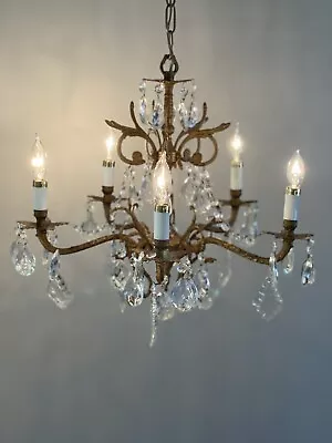 Antique Vintage French Crystal Brass Chandelier Semi Petite • $750