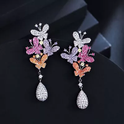 Elegant Designer Micro Pave Cubic Zirconia Purple Red Butterfly Drop Earrings • $30