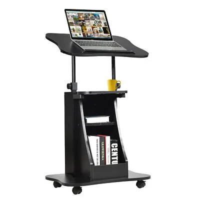 Sit-to-Stand Laptop Desk Cart Rolling Mobile Height Adjustable On Wheels Black • $74.99