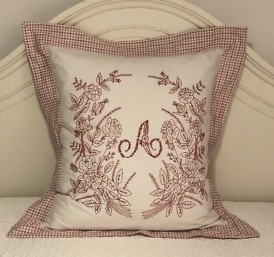 Vintage Redwork LARGE Monogram Pillow W/Feather Insert Custom Made • $125