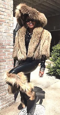 Unique Designer Crop Finnish Tanuki Raccoon Fur Coat Vest +Free Brim Hat M 4-10 • $999.99