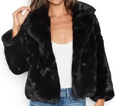 VICTORIAS SECRET BLACK Faux Fur Coat Jacket Sz Small S Fashion Show VS Luxe Soft • $44.99