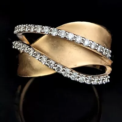 Estate Diamonds 14k Yellow  Gold Ring Band Diamond Ribbons Modernistic Vintage • $898