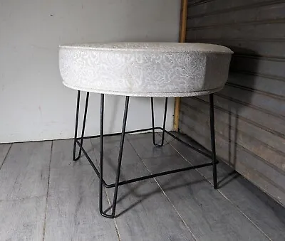 Vintage Mid Century Modern Round Footstool Ottoman Wrought Iron Hairpin Legs • $112.50