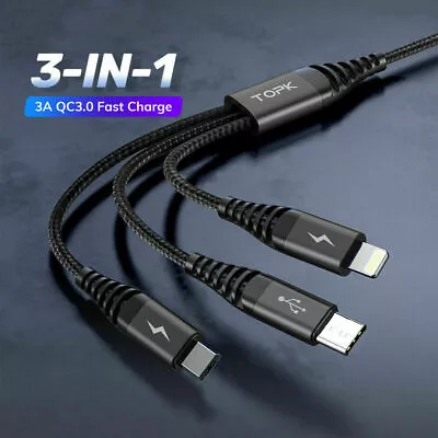 Universal 3 In 1 Multi USB Charger Charging Braided Cable For Samsung All Phone • £3.99