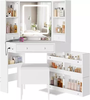 Makeup Vanity Corner Desk With Storage Stool LED Lighted Mirror Dressing Table • $235.99