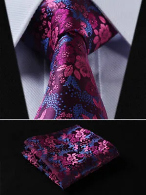 Mens Tie Pink Blue Fuschia Woven Paisley Necktie Wedding Silk Floral Hanky • £11.99