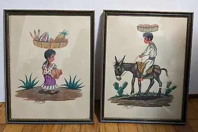 Pair Original Vintage Signed Watercolor Paintings -Mexican Ethnic Donkey Cactus • $75