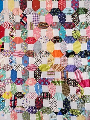 Vtg 1950s Hand Sewn Cotton Patchwork OCTAGON QUILT TOP 100s Of Prints 86  X 66  • $94