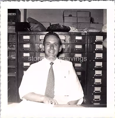 Vintage Found Photo - 40s 50s - Hard Working Man Library Or Post Office Smiles • $5.99