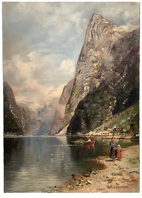 19th Century Georg Anton RASMUSSEN Lively Norwegian Fjord Landscape Oil Painting • $5520