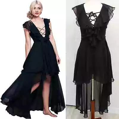 Lace Up Deep V Dress Womens S Black Ruffle High Low Chiffon Flowy Witchy Boho • $14.88