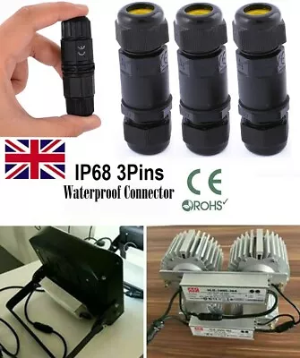 3Pin Waterproof Junction Box Connector Electric Cable Inline Wire Slim Plug IP68 • £3.39