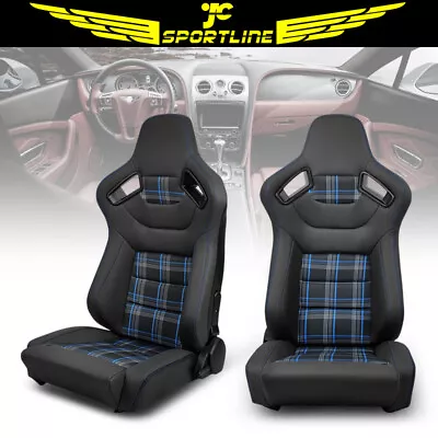 Universal X2 Reclinable Racing Seat & Dual Sliders Blue Plaid Microfiber Leather • $354.99