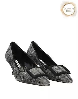 RRP€939 MANOLO BLAHNIK Tweed Court Shoes US10 UK7 EU40 Grey HANDMADE In Italy • $84.63