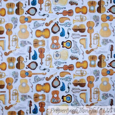 BonEful Fabric FQ Cotton Quilt White Brown Woodwind Music Instrument Guitar Sale • $4.38