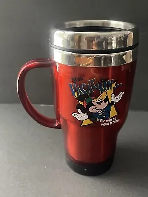 Disney Mickey Mouse Im On Vacation What’s Your Excuse Red Coffee Travel Mug Cup • $5