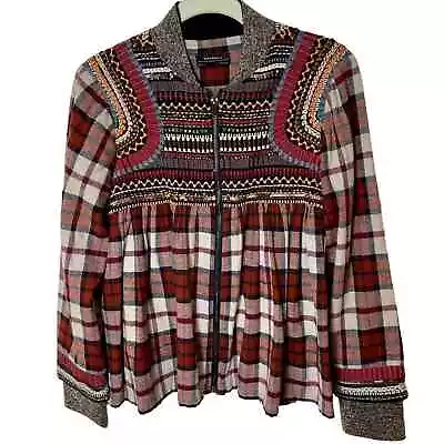 Zara Woman Embroidered Embellished Zip Front Plaid Top In Size Extra Small • $30