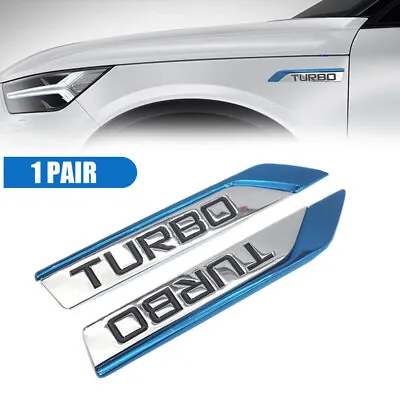 1 Pair Blue Metal Turbo Side Wing Badge Chrome Fender Sport Emblem 3D Sticker • £6.31