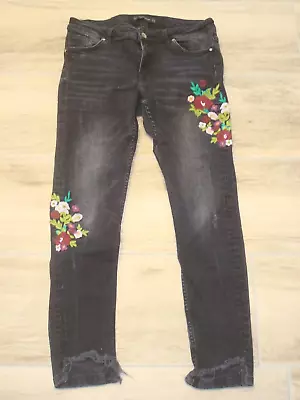 ZARA Black Skinny Distressed Frayed Floral Embroidered Mid Rise Jeans UK 10 VGC • £11.95