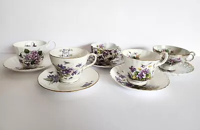 Vintage English Bone China Lot Of 5 Teacups & Saucers Purple Floral Royal Albert • $39.50