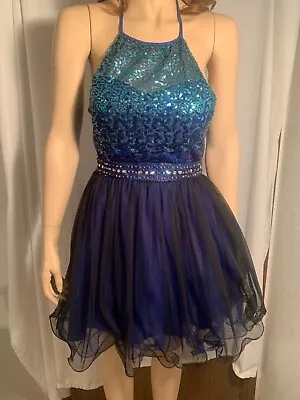 WOMENS SIZE 5 Masquerade Formal Prom BLUE Sequin BEADED RHINESTONE Mini Dress • $35