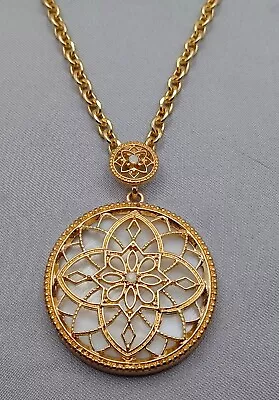 Floral Mandala Pendant Necklace Gold Tone  Mother Of Pearl Opalite 28  • $12.99