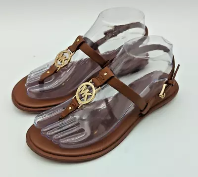 Michael Kors Sondra Gold MK Tan Brown Leather Thong Sandals Women's Size 6.5 • $30